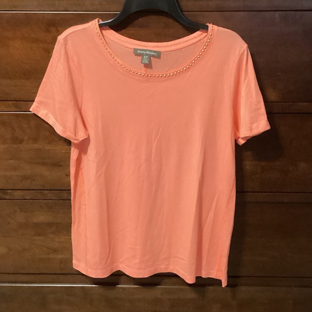 Tommy Bahama Coral Short Sleeve Scoop Neck Top with Bead Trim